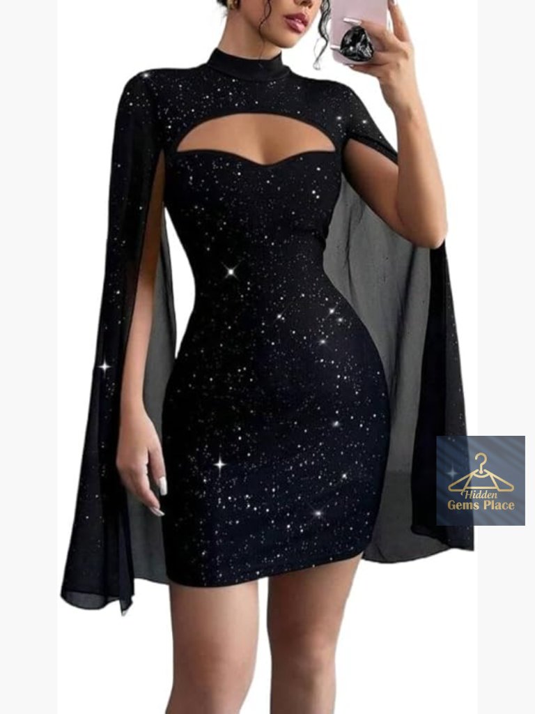 Sequin Cloak Sleeve Mock Neck Cocktail Dress Formal Prom Party